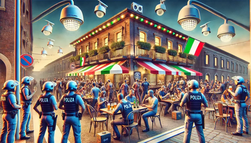 Una scena all'esterno di un locale pubblico, come un bar o un caffè, dove persone stanno bevendo e socializzando in un ambiente sicuro. Poliziotti sono presenti per garantire l'ordine, e diverse telecamere di videosorveglianza monitorano l'area da varie angolazioni. L'atmosfera è vivace ma controllata, con un'illuminazione brillante che sottolinea l'importanza della sicurezza e della conformità alle normative. In lontananza, è visibile la bandiera italiana, simbolo della rilevanza nazionale delle misure di sicurezza nei pubblici esercizi.