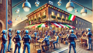 Una scena all'esterno di un locale pubblico, come un bar o un caffè, dove persone stanno bevendo e socializzando in un ambiente sicuro. Poliziotti sono presenti per garantire l'ordine, e diverse telecamere di videosorveglianza monitorano l'area da varie angolazioni. L'atmosfera è vivace ma controllata, con un'illuminazione brillante che sottolinea l'importanza della sicurezza e della conformità alle normative. In lontananza, è visibile la bandiera italiana, simbolo della rilevanza nazionale delle misure di sicurezza nei pubblici esercizi.